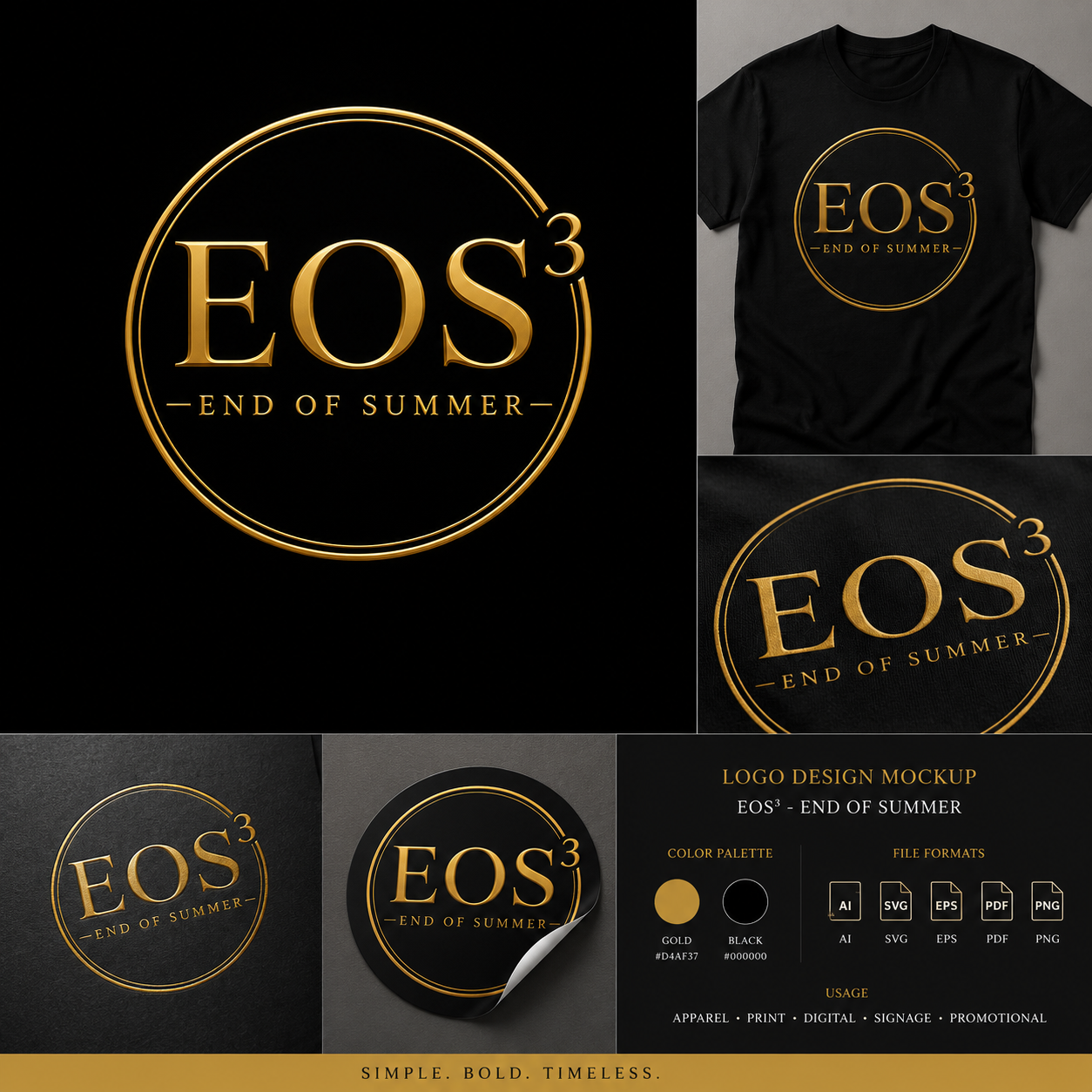 EOS³ End of Summer brand system: logo mockups, gold and black palette, apparel and signage applications