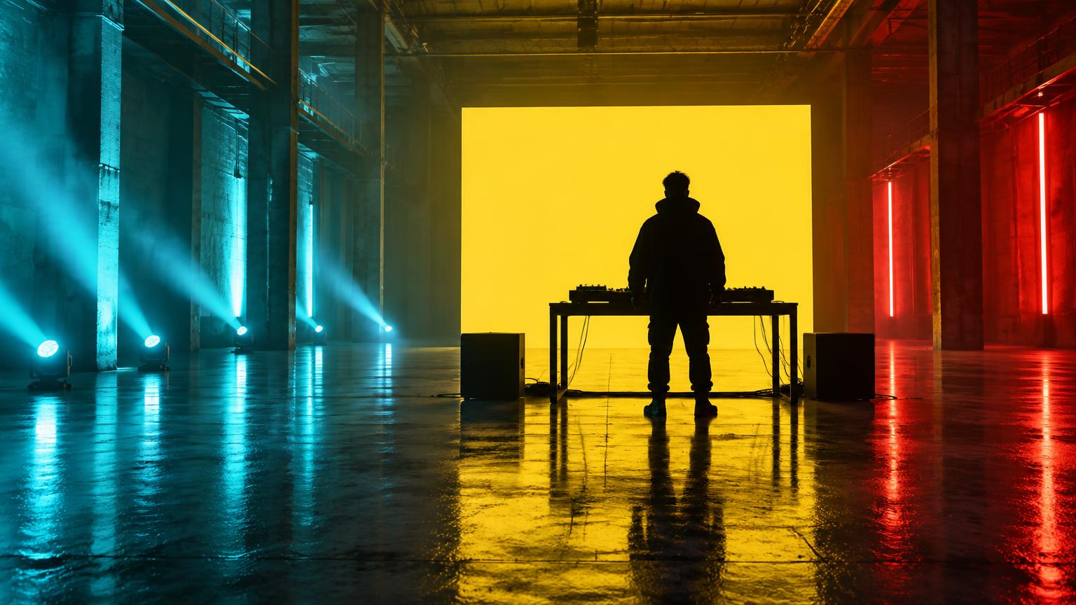 AFTERIMAGE performer on a vivid cyan, red and yellow stage