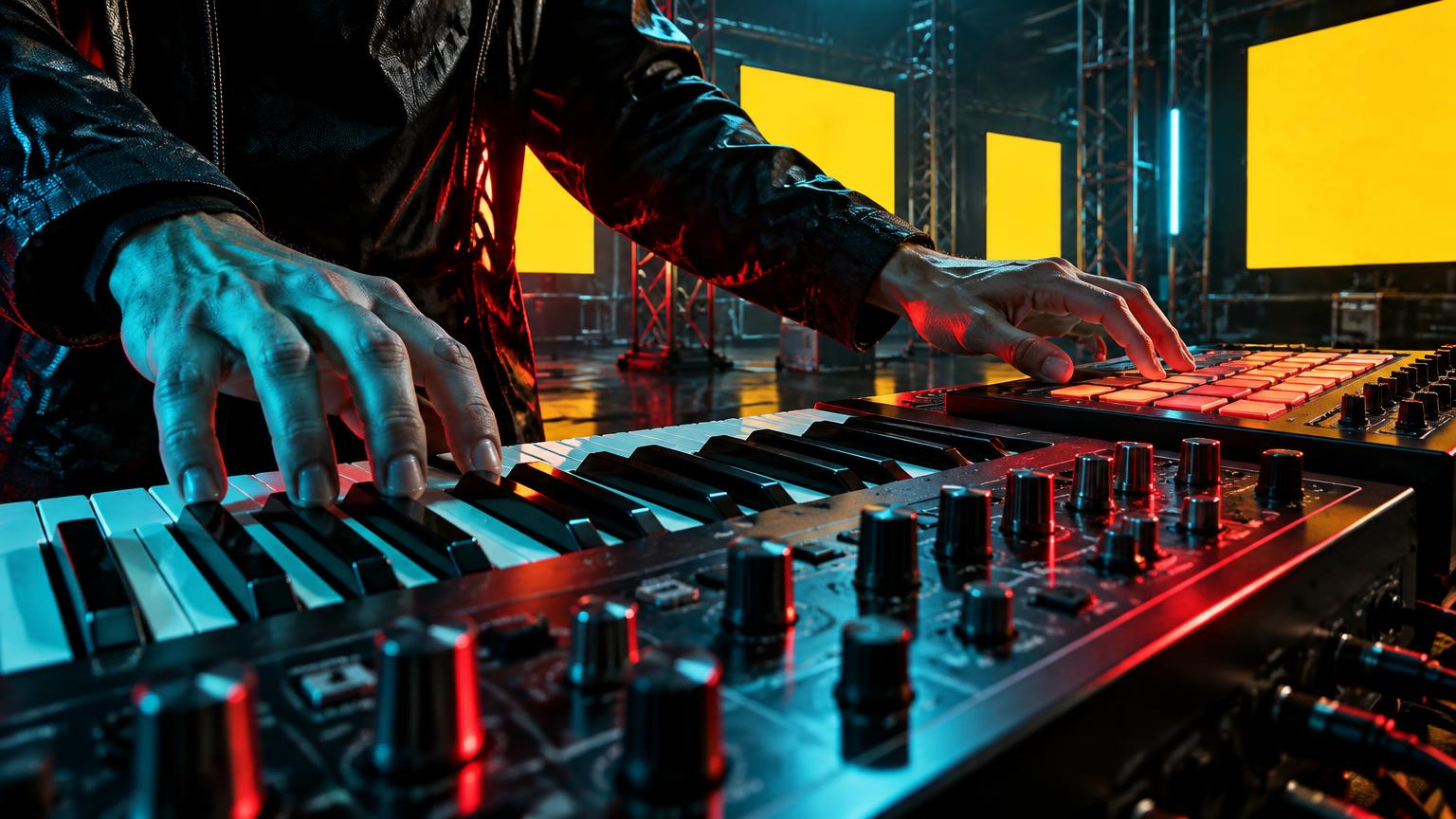 Close-up of hands on synthesizer keys under red and turquoise light