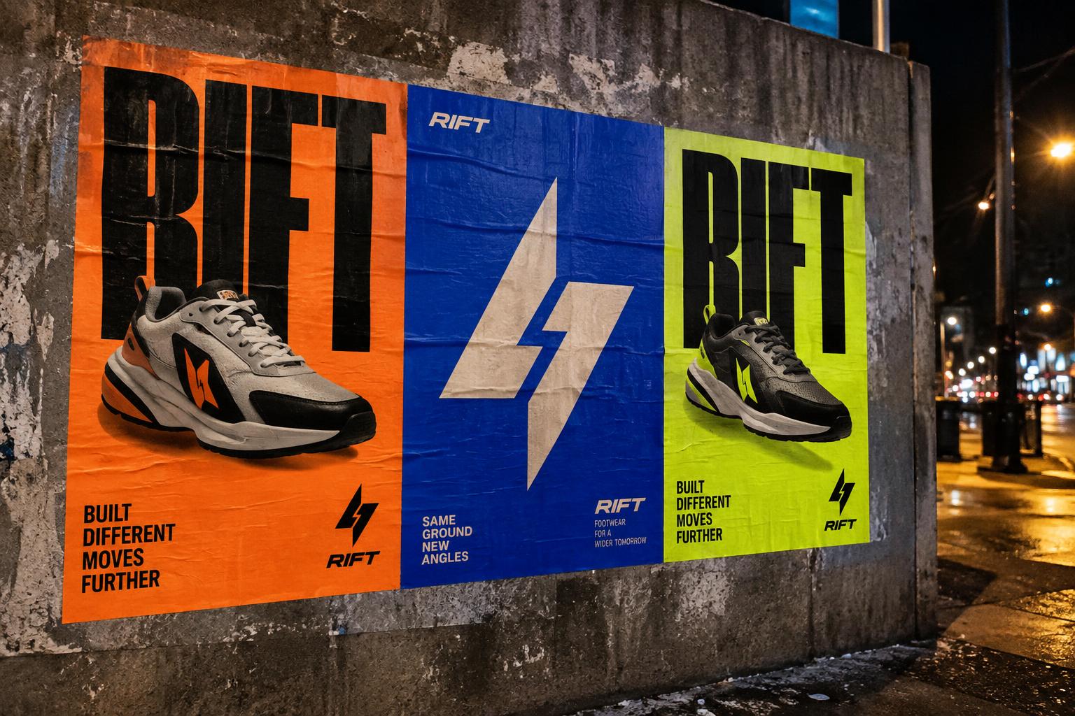 Three RIFT wheatpaste posters in orange, cobalt and lime on a concrete wall at night